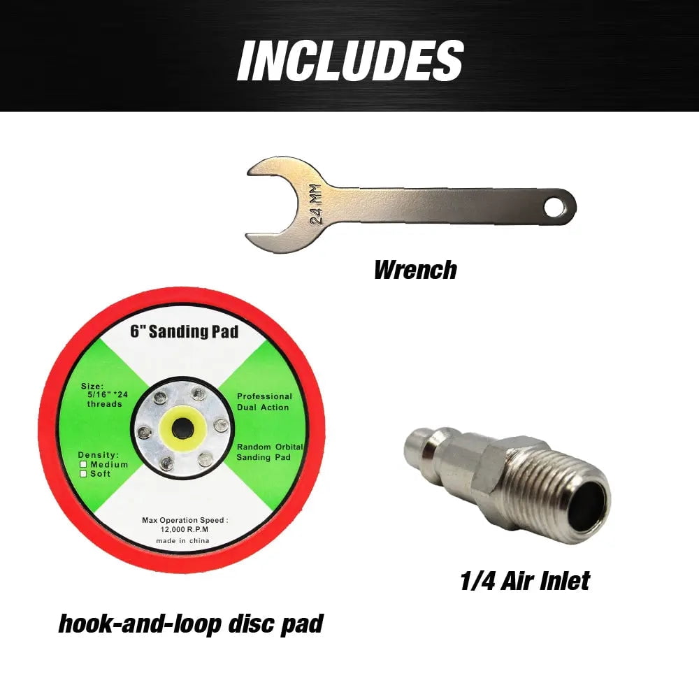 MAXX PROS Random Orbital Sander – Pneumatic Palm Sander – 6” x 3/16” Diam. Orbit – Hook and Loop Pad
