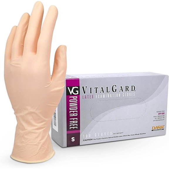 DASH VitalGard Latex Exam Grade Disposable Gloves, Natural, 4.7 mil, 100/Box, Small