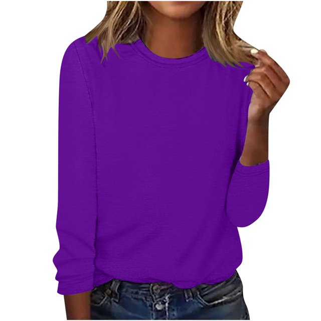 AherBiu Womens Long Sleeve Tops Crewneck Basic Layer Top Tee Tshirts Solid Color Dailywear