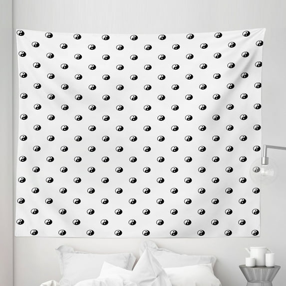 Japanese Tapestry, Polka Dots Yin Yang Patterns Universal Duality Between and Bad Concept, Fabric Wall Hanging Decor for Bedroom Living Room Dorm, 5 Sizes, White Black, by Ambesonne