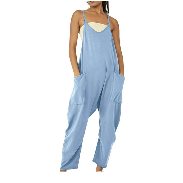 LSLJS Jumpsuits for Women Casual Summer Solid Rompers Sleeveless Loose Spaghetti Strap Baggy Overalls Jumpers with Pockets
