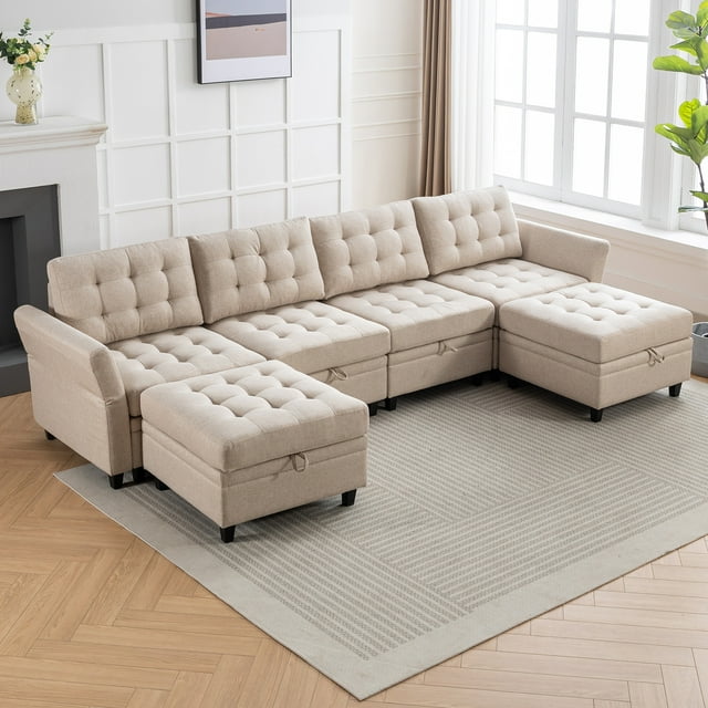 ZAFLY U/L Ensemble de Canapé en Forme avec Ottomane de Rangement, Sofa Sectionnel Modulaire pour Salon, Beige