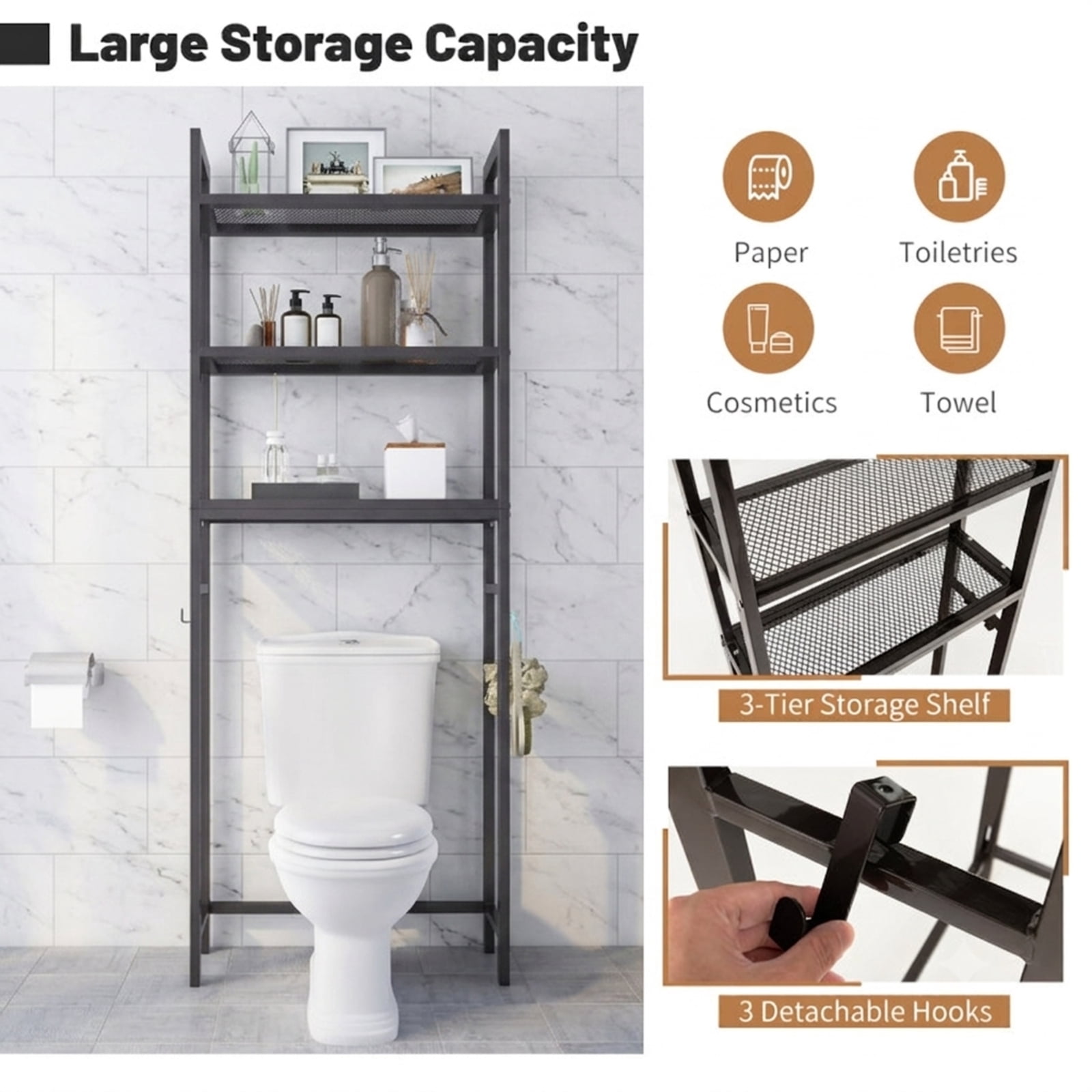 Vebreda Over-The-Toilet Storage Shelf Space Saving Metal Bathroom Organizer Hooks, Space-saving Solution, Durable Material, Safety & Clean Design