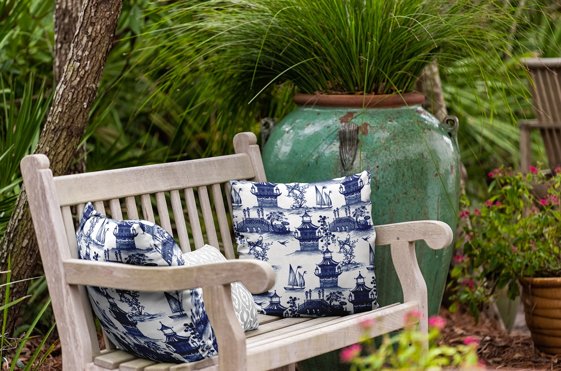 16" x 16" Simply Daisy China Old Indoor/Outdoor Polyester Throw Pillow, Porcelain Blue Qty 1