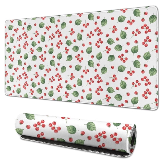 31.5x15.7 Inch Gaming Mouse Pad, Non-Slip Stitched Rubber Desk Mat for Desktop & Laptop,Christmas Berry Leaf White Pattern