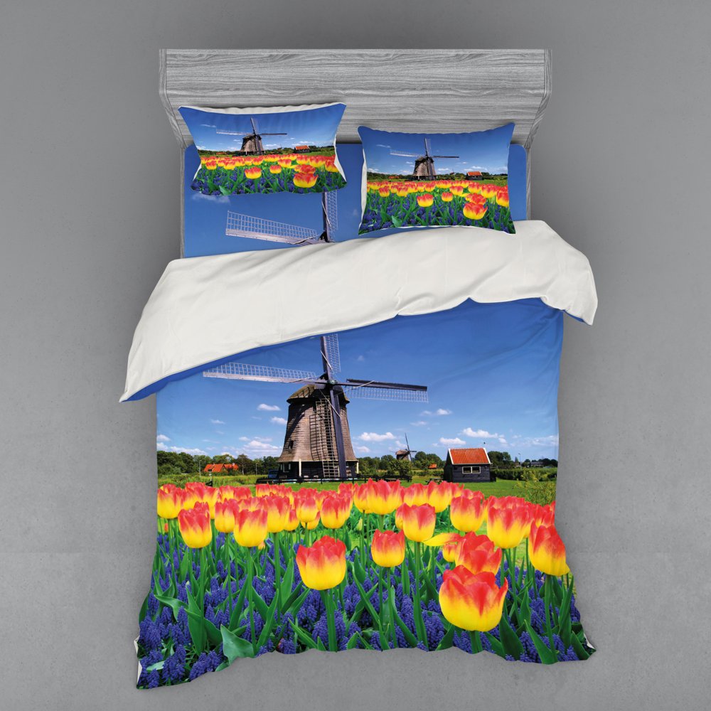 Landscape Duvet Cover Set, Tulip Blooms with Classic Dutch Windmill