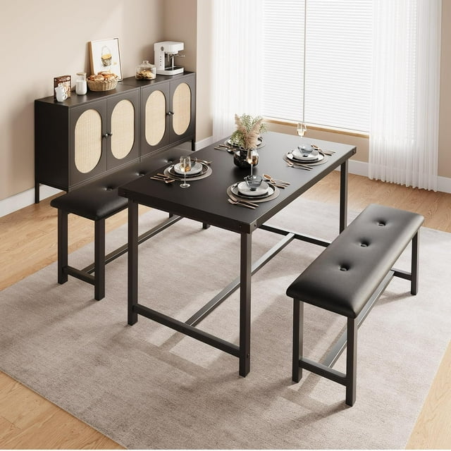 Historyli Juego de mesa de comedor para 4 personas,mesa de cocina con bancos,juego de mesa de comedor rectangular con 2 bancos tapizados,juego de mesa de comedor de 3 piezas para espacios pequeños
