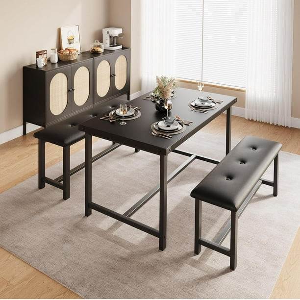 Historyli Juego de mesa de comedor para 4 personas,mesa de cocina con bancos,juego de mesa de comedor rectangular con 2 bancos tapizados,juego de mesa de comedor de 3 piezas para espacios pequeños