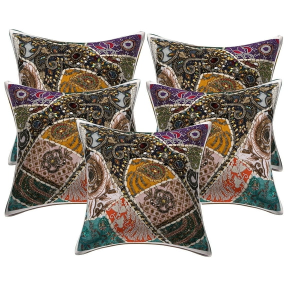 Stylo Culture Ethnic Cotton Home Decor Throw Pillow Sham Covers White 16 x 16 Bohemian Beaded Sequins Patchwork Embroidered Couch Cushion Covers 40x40 cm Decorative Square Pillow Cases | Set Of 5