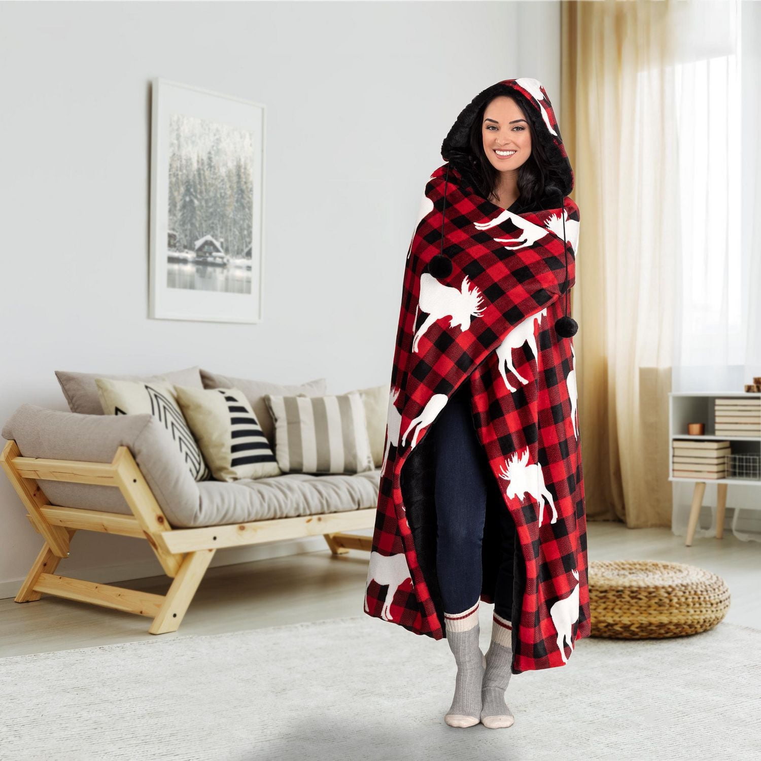 Safdie & Co. Hoodzy Couverture Fausse Fourrure Plaid Rouge Orignal