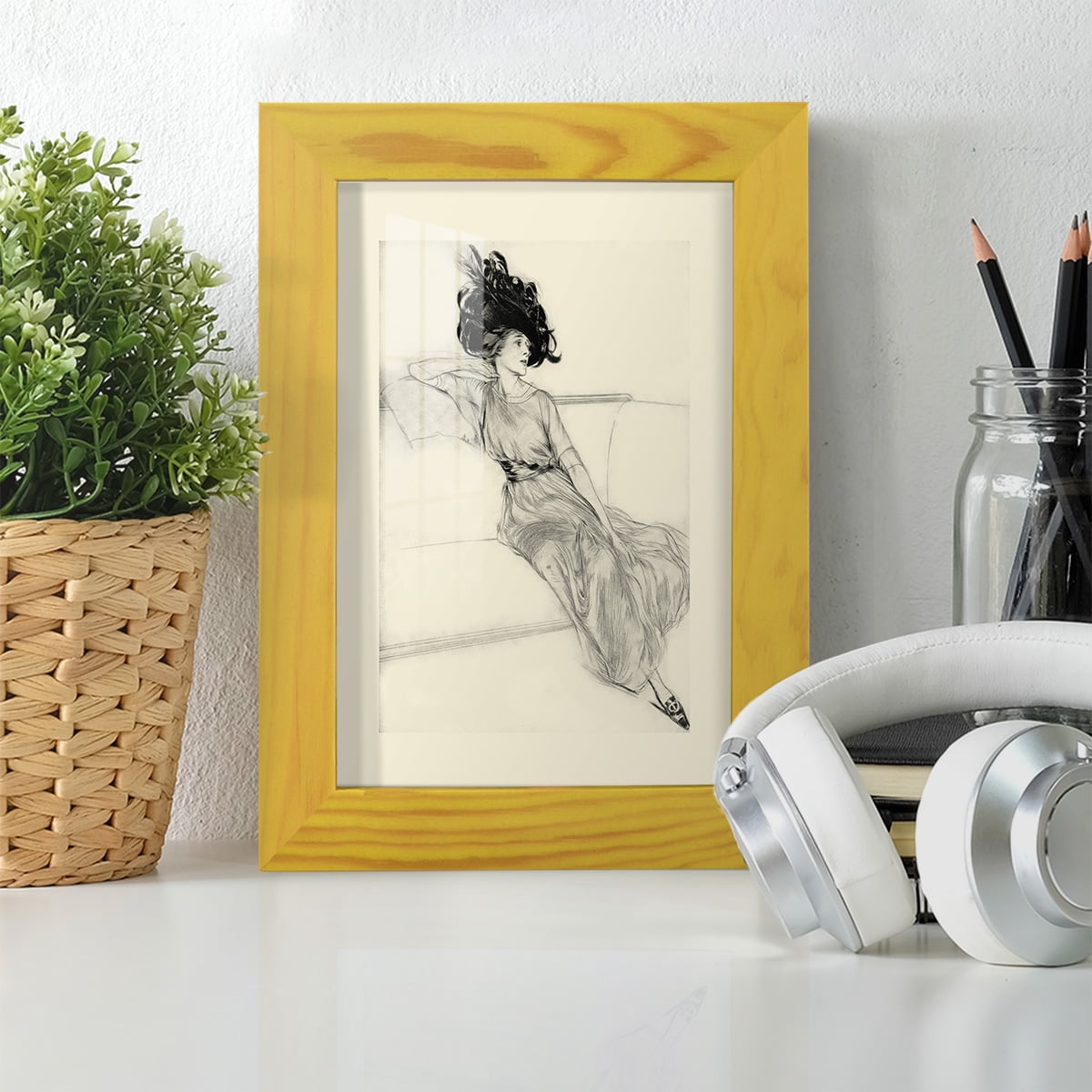 Feather Hat I -Framed Print w/glass-Sunflower Yellow