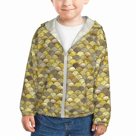 

Rash Guard for Boys Girls - golden glittering fish scale Lightweight Long Sleeve Sun Protection Jacket Hooded Cooling Swim Shirt with Zipper for Toddler Kids Children