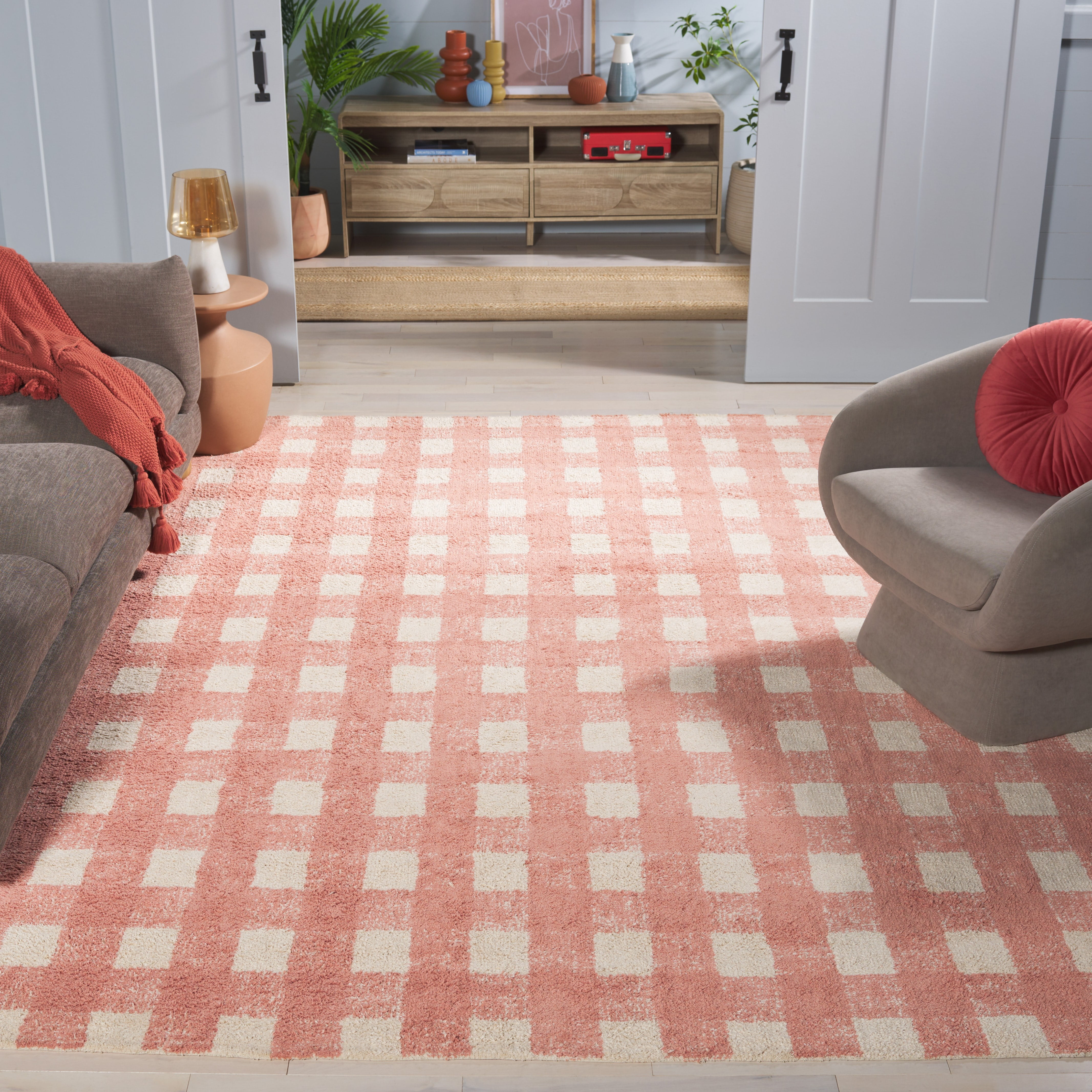 SAFAVIEH Easy Care Maggie Plaid Area Rug, Ivory/Rust, 8' x 10'