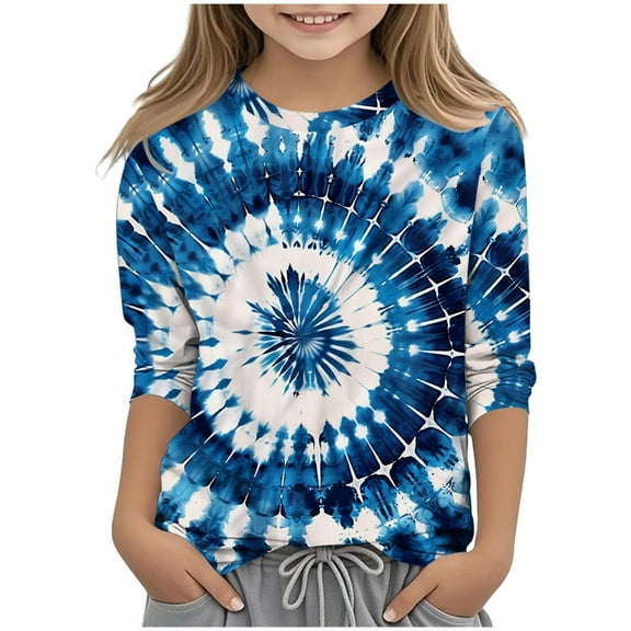 JTSRKL Bleached T-Shirts for Kids Girls Cute 3/4 Length Sleeve Tie Dye Gradient Color Print Basic Crewneck Pullover Tops Loose Fit Casual Tunic Blouse Navy 5-6 Years