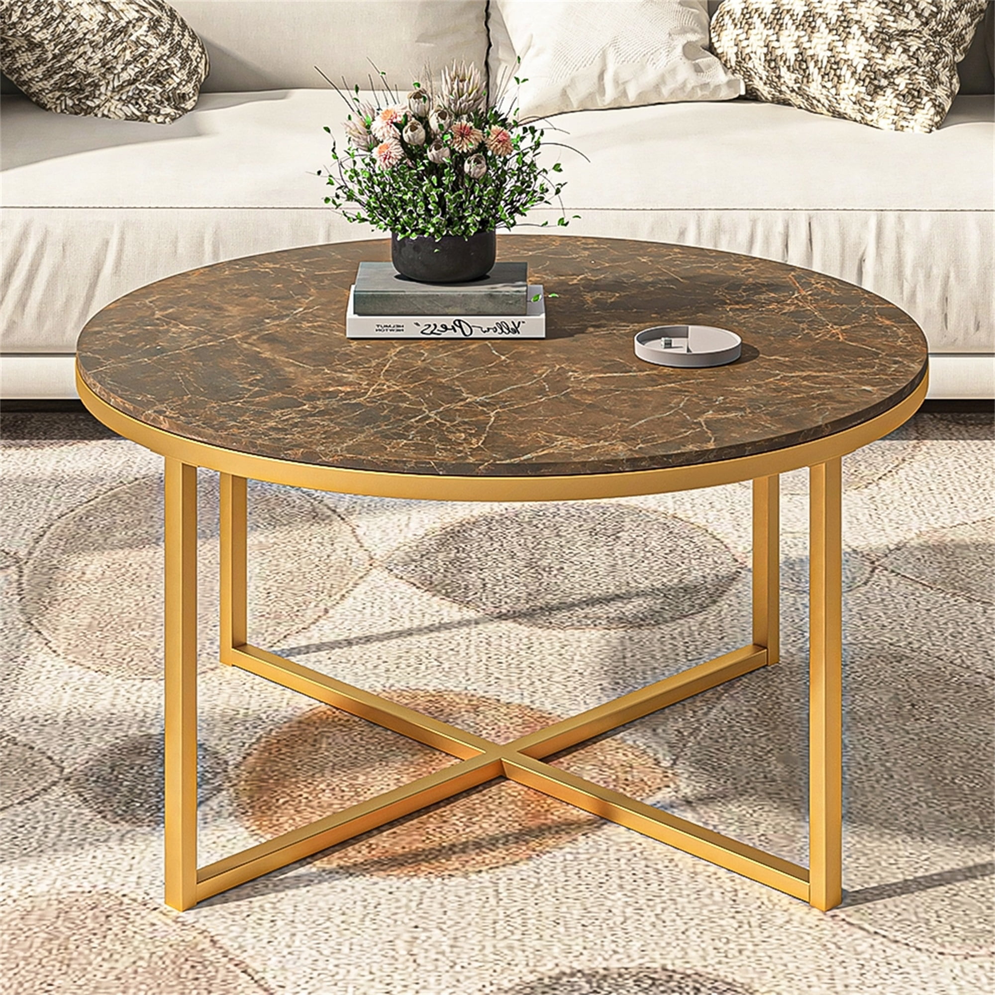 Spcao Modern Round Coffee Table for Living Room Marble Glass Center Coffee Table Spcao Modern Round Coffee Table for Living Room Marble Glass Center Coffee Table