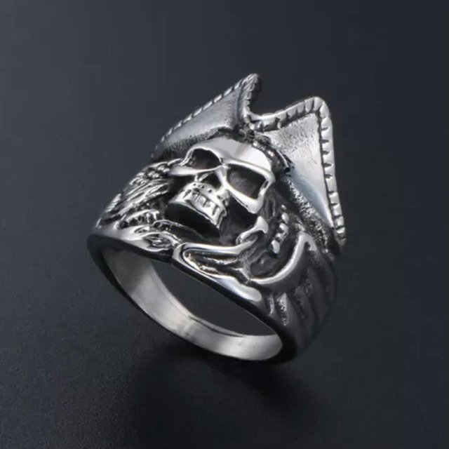 HOOUN MEN'S PIRATE HAT SKULL RING STAINLESS STEEL CAPTAIN PIRATE SKULL RING BIKER PUNK-7