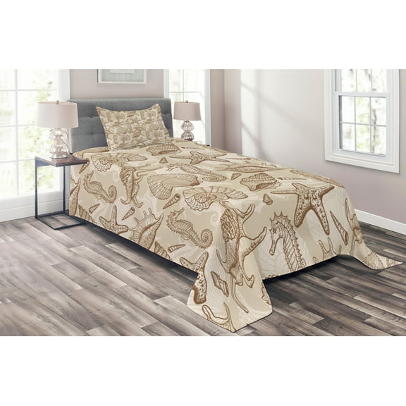 Ambesonne Beige Quilted Coverlet 2 Pcs, Exotic Marine Animals, Twin Size, Beige