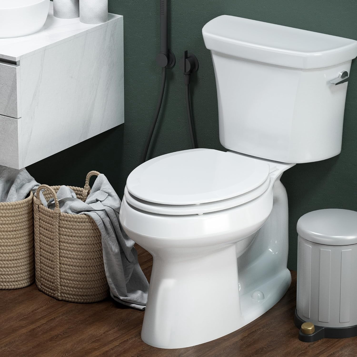 Elongated Toilet Seat  Quiet-Close Molded Wood Toilet Seat with Non-Slip Adjustable Hinges, Anti-Pinch Bumpers, Easy Install & Clean（White, Elongated 18.5''）