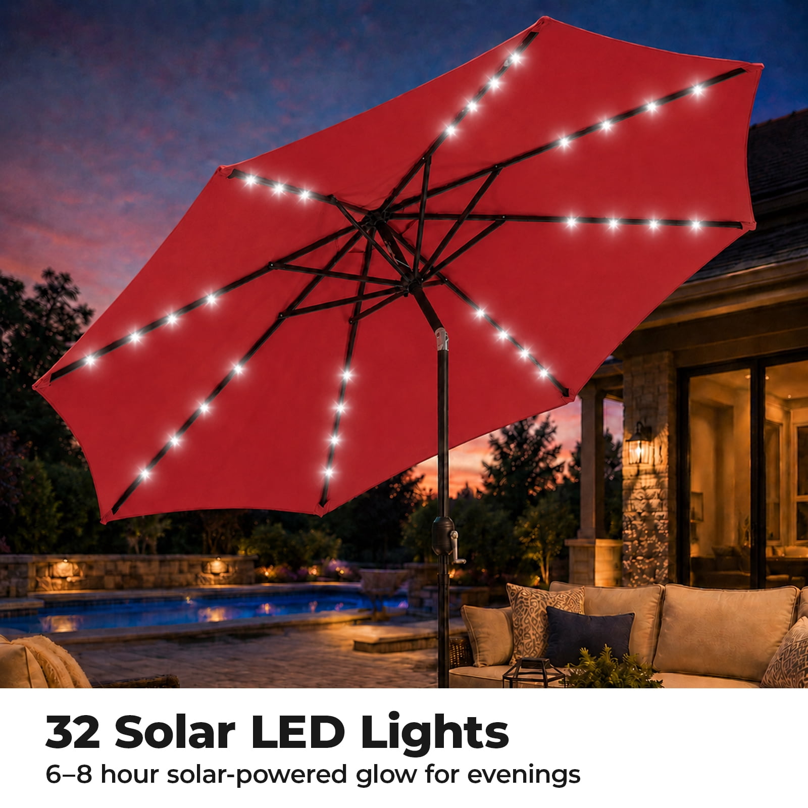 Alvantor 10ft Solar LED Lighted Patio Umbrella, Table Umbrella with 32 Lights, Push Button Tilt, UV-Resistant Canopy, for Deck, Garden, Pool, Café