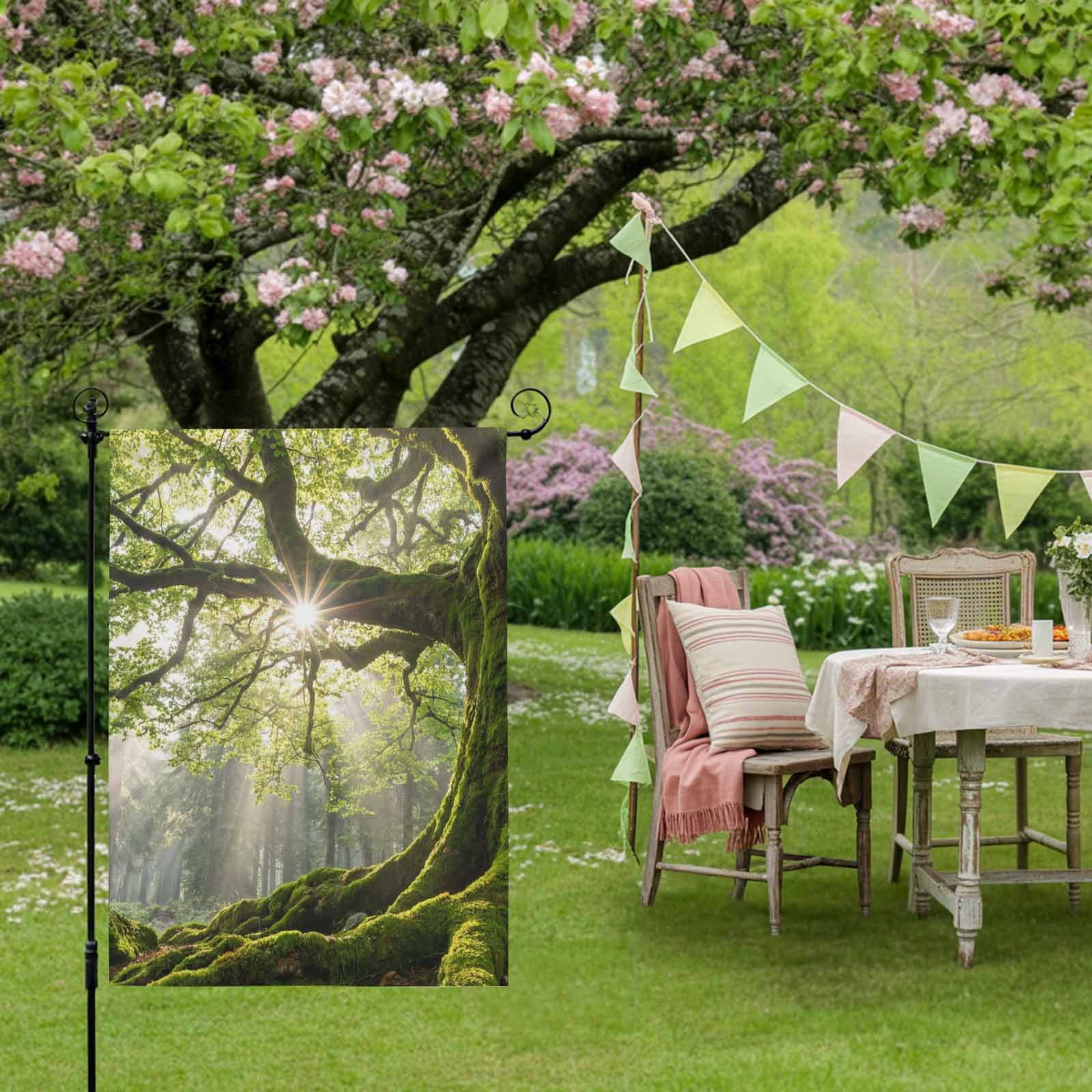 Green Canopy House Flag 28 x 40 Inches, Country Rustic Green Forest Tree Leaf Sunshine Landscape Weather Proof Outdoor Patio Flags Double Sided Small House Decoration for Yard Lawn Outside Home