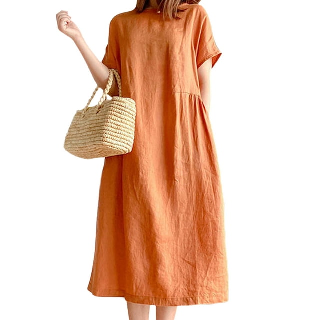LUXUR Robe d'Été de Plage pour Femme, Robe Midi à Poches, Col Rond, Coupe Évasée, Respirante, Couleur Unie, Orange, 2TG