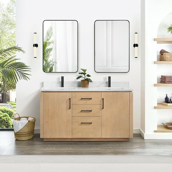Vinnova San 60" Double Sink Wood Bath Vanity with Grain Stone in Brown/White