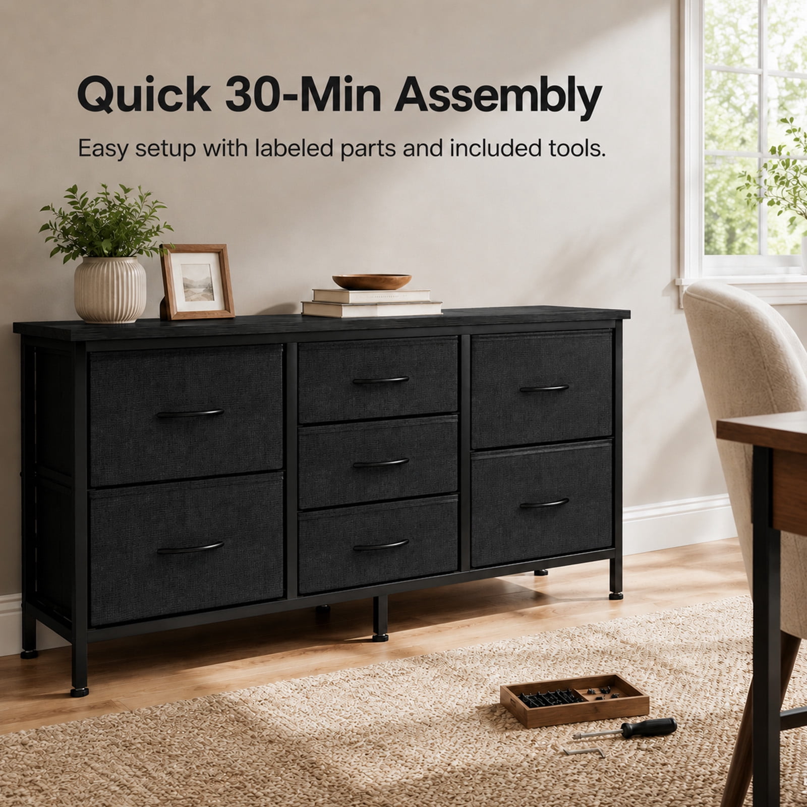 Alvantor 7 Drawer Fabric Dresser, Clothes Organizer Storage Tower for Bedroom, Chest of Drawers with Wooden Top, Metal Frame for Bedroom TV Stand