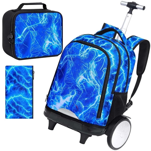 20 Inches Large Wheels Rolling Backpack for Boys with Detachable, 3Pcs Kids Lightning Soccer Wheeled Backpack Set for Elementary School (Blue)