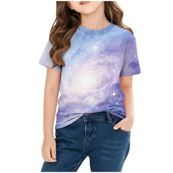 Fnooota Girls T Shirts, Gradient Print Pullover Crew Neck Summer Short Sleeve Tops Multicolor Size 6