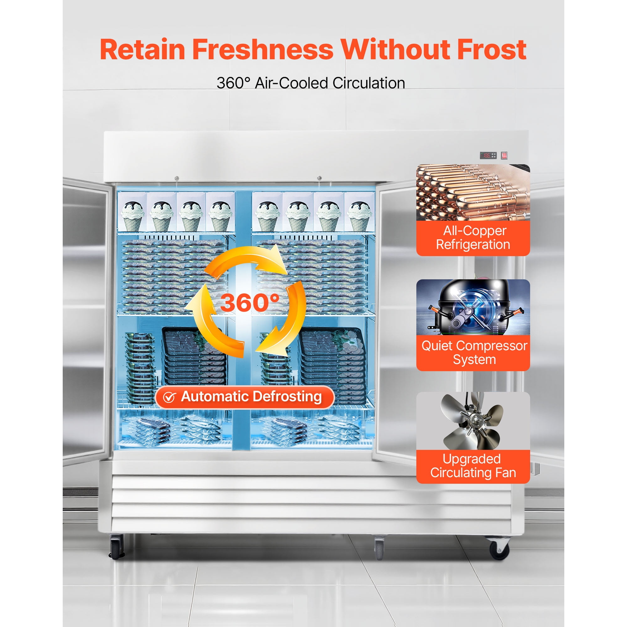 KFFKFF Commercial Stainless Steel Upright Freezer, 85" Wide, 69 Cu.Ft Capacity with Three Doors, Auto-Defrost, 12 Adjustable Shelves, -11 to 14℉ Temperature Range, ETL Certified