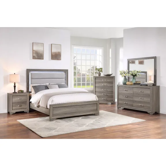 Transitional Style 4pc Bedroom Set King Size Bed Light Brown Burlap Upholstered HB Dresser Mirror Nightstand Wooden Furniture