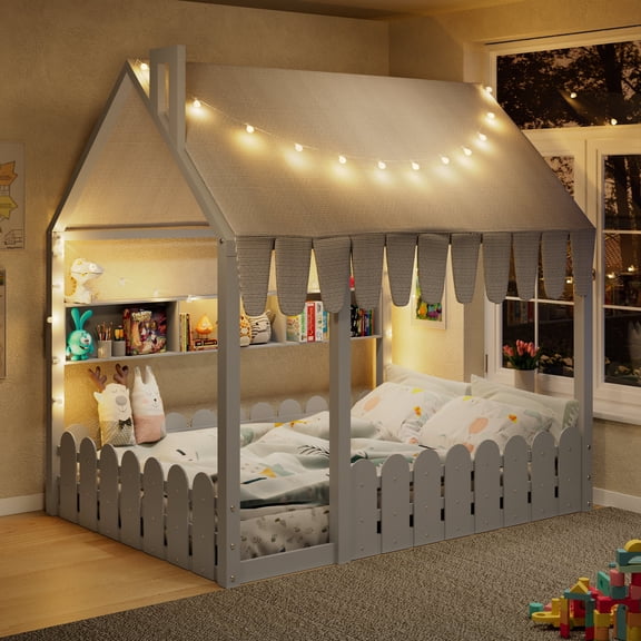 FFZ Full Size Montessori House Bed with Fence Railings, Tent, Lights and 3 Storage Shelves, Gray