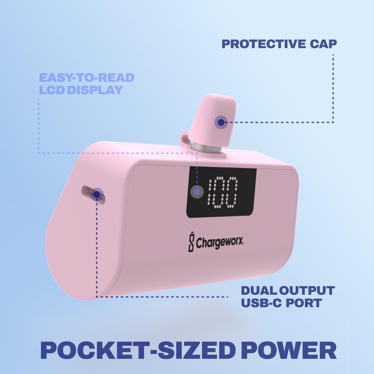 CHARGEWORX Portable Power Bank with LCD Display, Built-in Lightning Connector, Dual Charge Fast Charge Portable Charger 5000mAh, Compatible with iPhone 14, 13, 12 & Older (Pink)