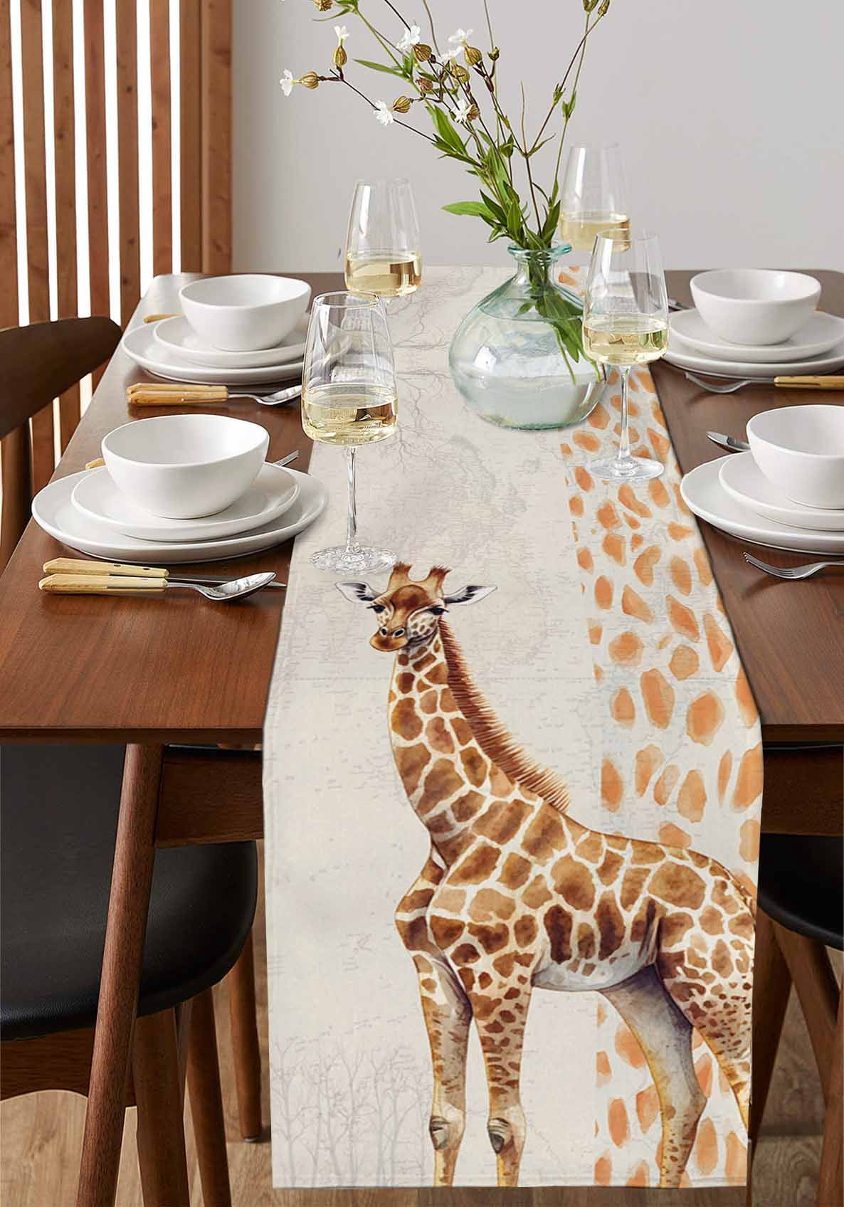 Vintage Giraffe Burlap Cotton Table Runner 14x72 Inches Long, Modern Art Animal Watercolor Farmhouse Table Runners, Outdoor Dining Tablecloths Decor for Baby Shower/Party/Wedding