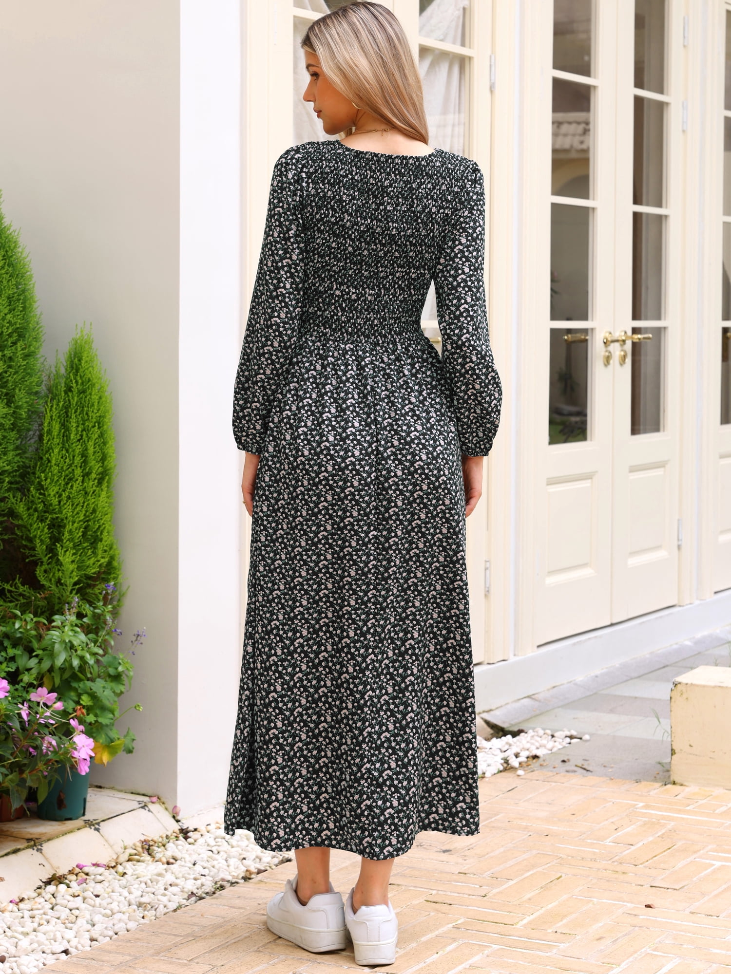 DARING DIVA Floral Smocked Long Puff Sleeve A-Line Boho Maxi Dress L Black