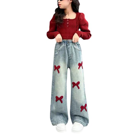 EnJoCho Girls Wide Leg Jeans Loose High Waist Bow Embroidery Denim Pants Skateboard Style Pocket Trousers For Kids Spring Fall Trendy Y2𝖪 Streetwear Casual Daily Outfit