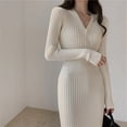 thumbnail image 2 of Suéter de punto Vintage de manga larga para mujer, vestidos ajustados, Bodycon coreano elegante, suéter de cuello en V con botones, vestido Midi para mujer, Otoño e Invierno, 2 of 3