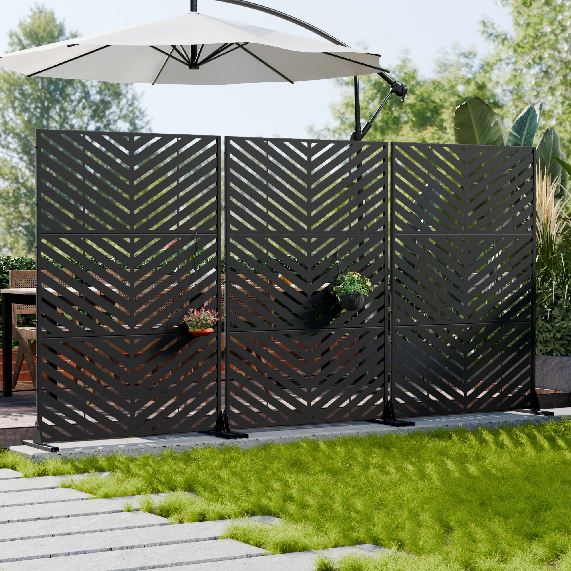 MAYEERTY 2-Piece Outdoor Metal Privacy Screen 6ft × 4ft Black, 3-Panel Parallel Decorative Screen, Rust-Resistant for Patio