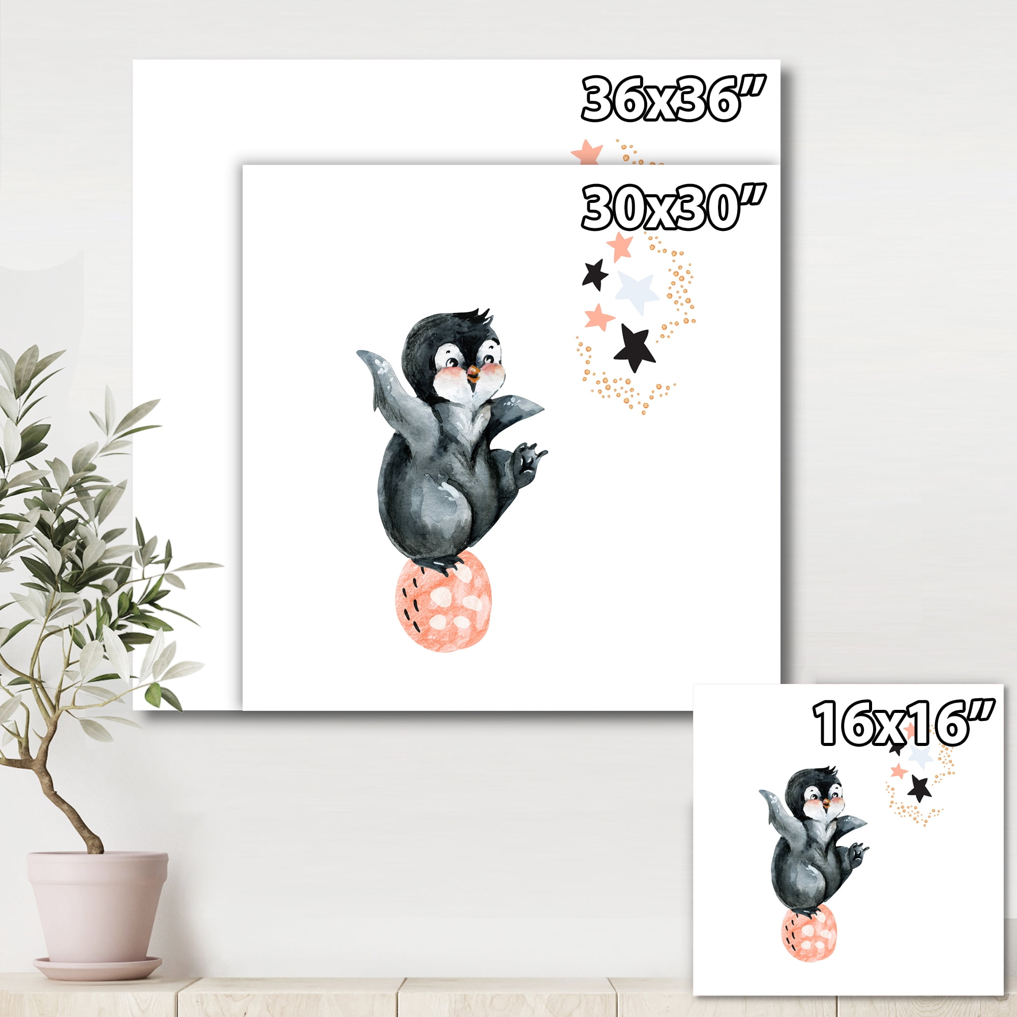 Designart ' Little Penguin With Planets and Stars II ' Farmhouse Canvas Wall Art Print