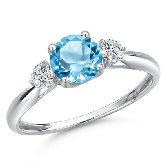 Gem Stone King 10K White Gold Swiss Blue Topaz and Lab Grown Diamond 3-Stone Ring for Women | 1.22 Cttw | Round 6MM | Gemstone November Birthstone | Size 8