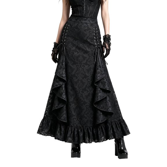 KANG Fashion Dark Gothic Midi Skirt With Structural Belted And Tail Detailing For Modern Black L