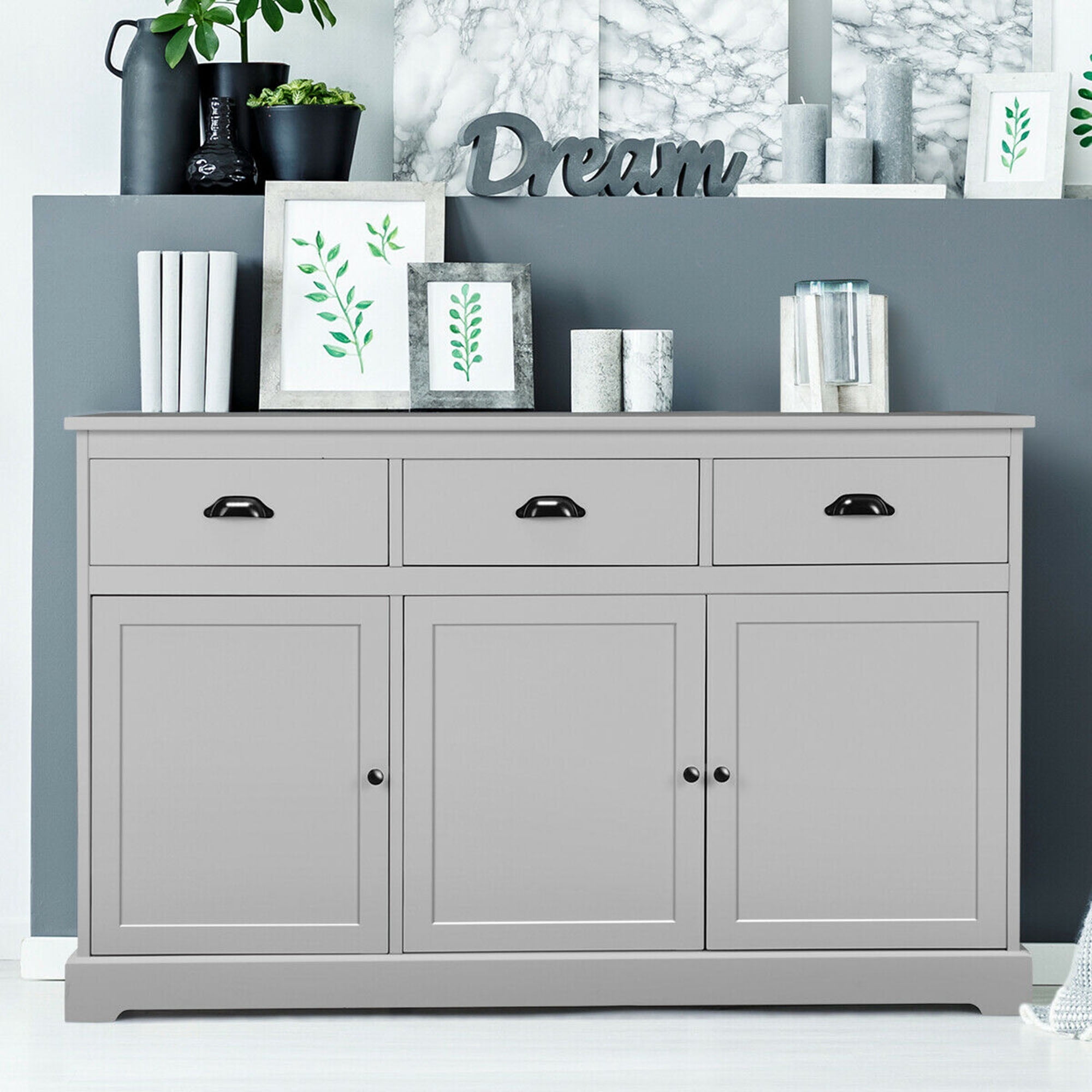 Gymax 3 Drawers Buffet Cabinet Sideboard Console Table Kitchen Storage Cupboard Gray