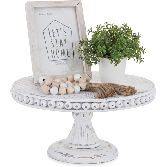 Hanobe Rustic Cake Stand 11.8 Inch Wood Dessert Display Riser Vintage Beads Cake Stand for Wedding Reception Decoration
