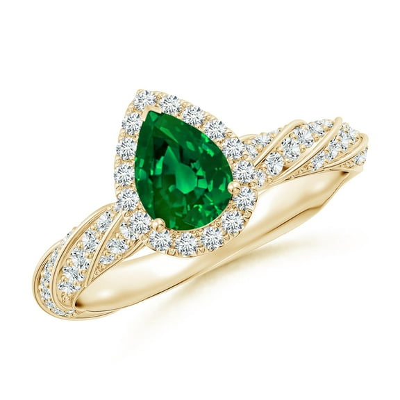 ANGARA Pear Lab Grown Emerald Halo Twisted Rope Shank Engagement Ring for Women in 14K Yellow Gold (Size-7x5mm) | May Birthstone, Anniversary, Jewelry Gift for Women | Lab-Grown Emerald Ring