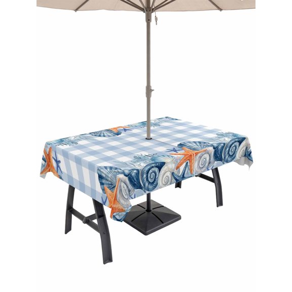 Outdoor Tablecloth with Umbrella Hole for Patio/Picnic/Party/Camping, Nautical Coastal Waterproof Table Cloth Rectangle Table Cover Washable, Ocean Starfish Shells Coral Conch Blue Plaid (54"x 80")