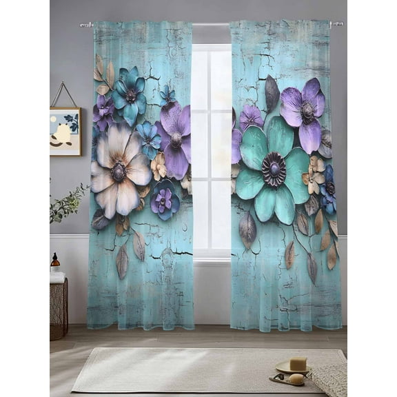 Spring Purple Flowers Sheer Curtains for Living Room Bedroom Floral Mottled Teal Wall Retro Sheer Curtains 96 Inch Long 2 Panels Set Light Filtering Curtain Window Treatments Drapes for Dining Room