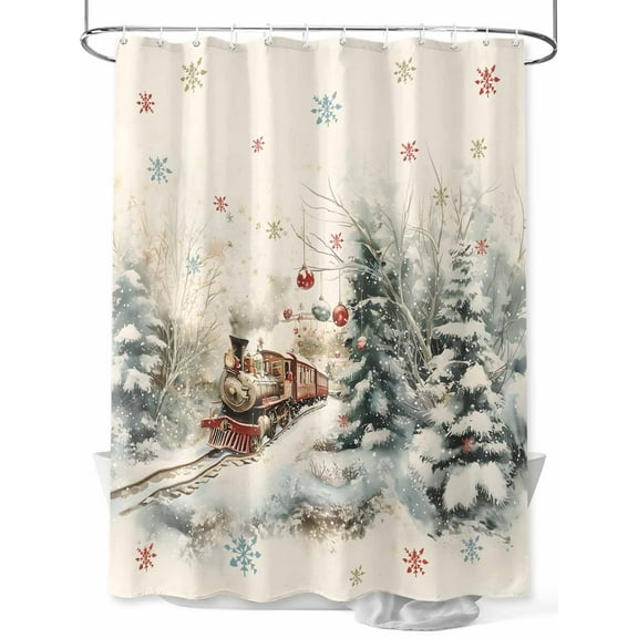 Christmas Standard Shower Curtain Set, Waterproof Shower Curtains for Bathroom, Train Xmas Tree Snowflake Balls Washable Fabric Cloth Bath Curtain for Bathtub Decoration with Hooks 72x72 Inches