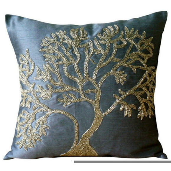 Euro Pillow Decorative, Decorative Blue Euro Sham Covers 26x26 inch (65x65 cm), Silk Euro Size Pillow Shams, Nature & Floral, Tree, Beaded, Modern Euro Shams - Paradise Tree
