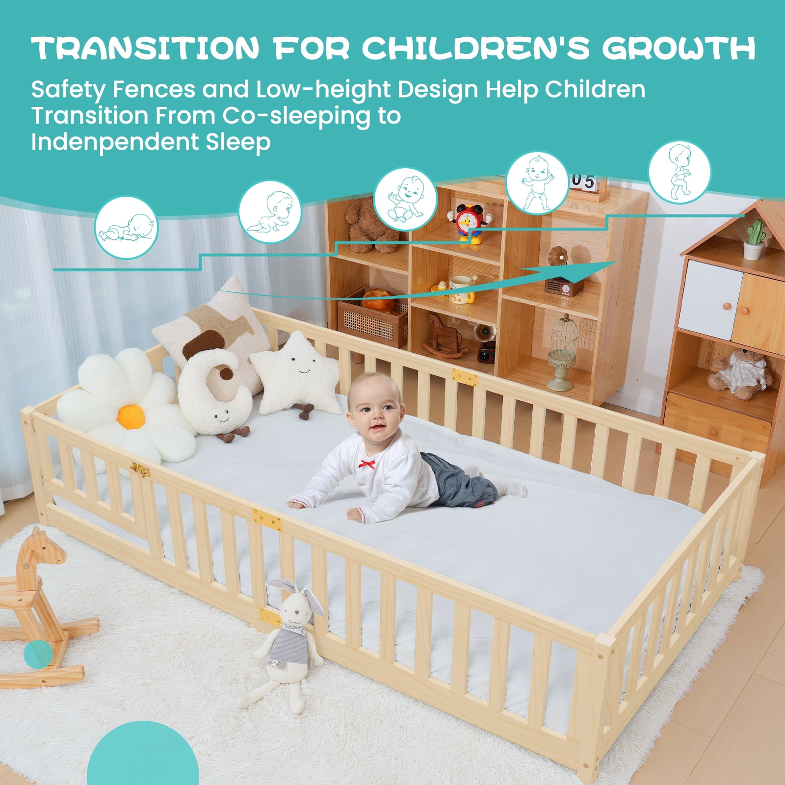 MOPHOTO Toddler Floor Bed,Montessori Floor Frame with Rails & Lockable Door,Twin Size Kid Beds for Toddlers 1-3 Years Old(Nature)