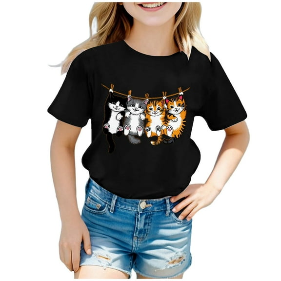 WhouRiu Toddler Girls Tshirt Cartoon Cat Prints Short Sleeve Loose Tee Shirt Kids Comfy Breathable T Shirts Black,Sized 2-4